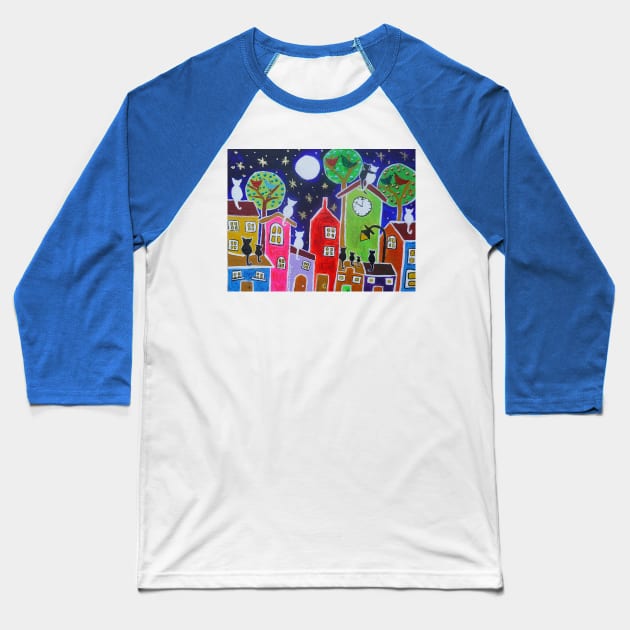 Cats Moon Gazing on Quirky Colourful Houses Baseball T-Shirt by Casimirasquirkyart